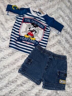 6-12m Disney Mickey 'The Original Captain' Rash Guard and Disney denim shorts